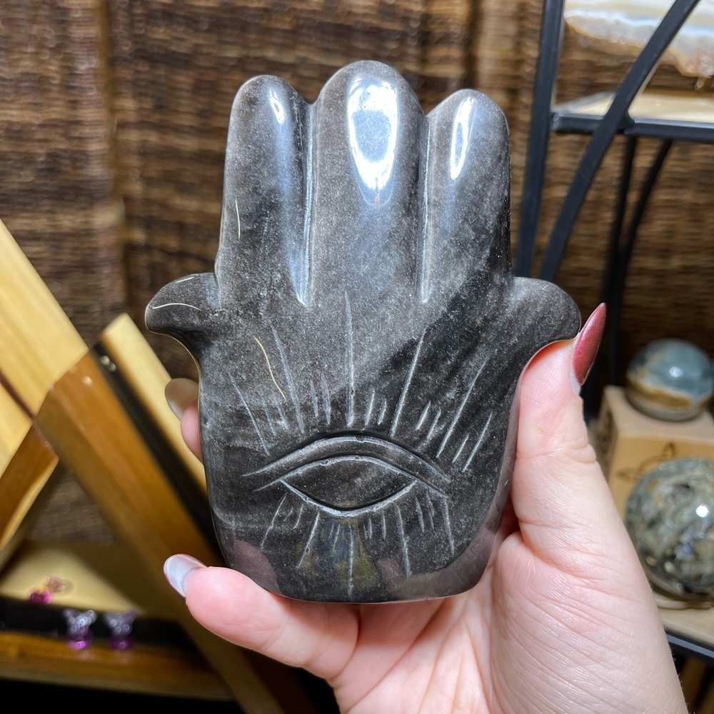 Silver sheen obsidian Hamsa